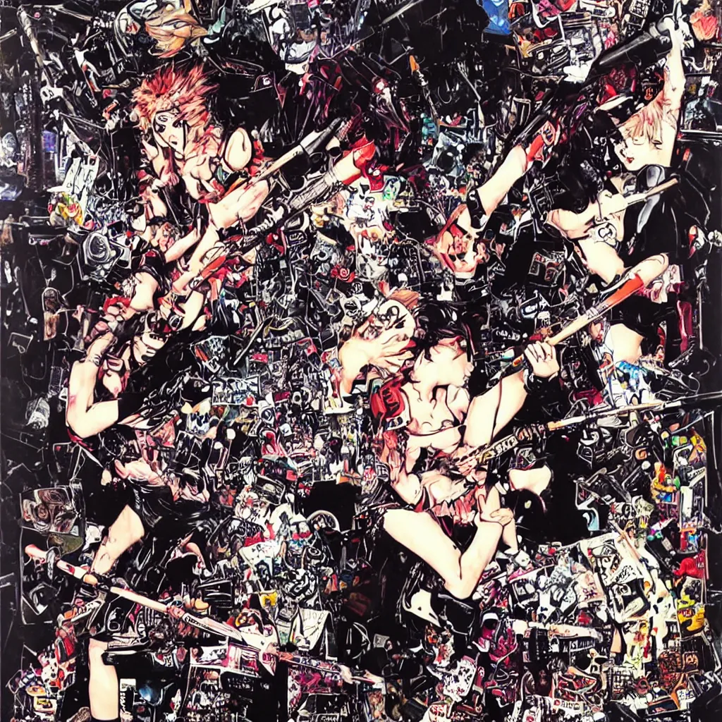 Prompt: punk girl destroying a crt tv with a spiked baseball bat by ayami kojima