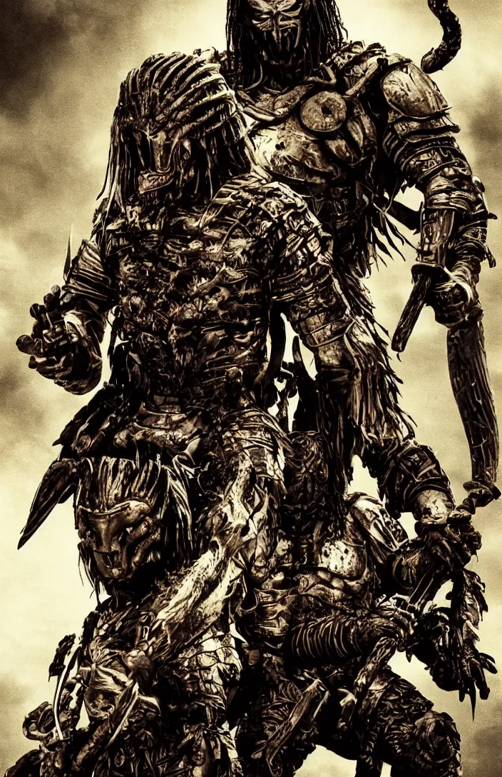 Image similar to movie ( predator vs samurai ) film poster art for hiroyuki sanada as samurai verses predator. in the style of ansel adams, frank frazzetta, realistic, detailed, octane