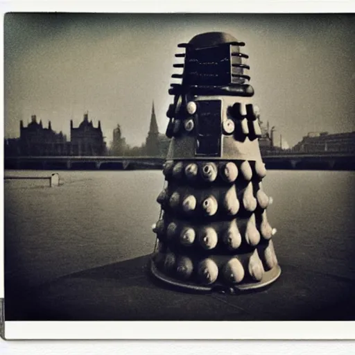 Image similar to oldschool dalek in London, riverbank, mist, beautiful polaroid photo, by Warhol,