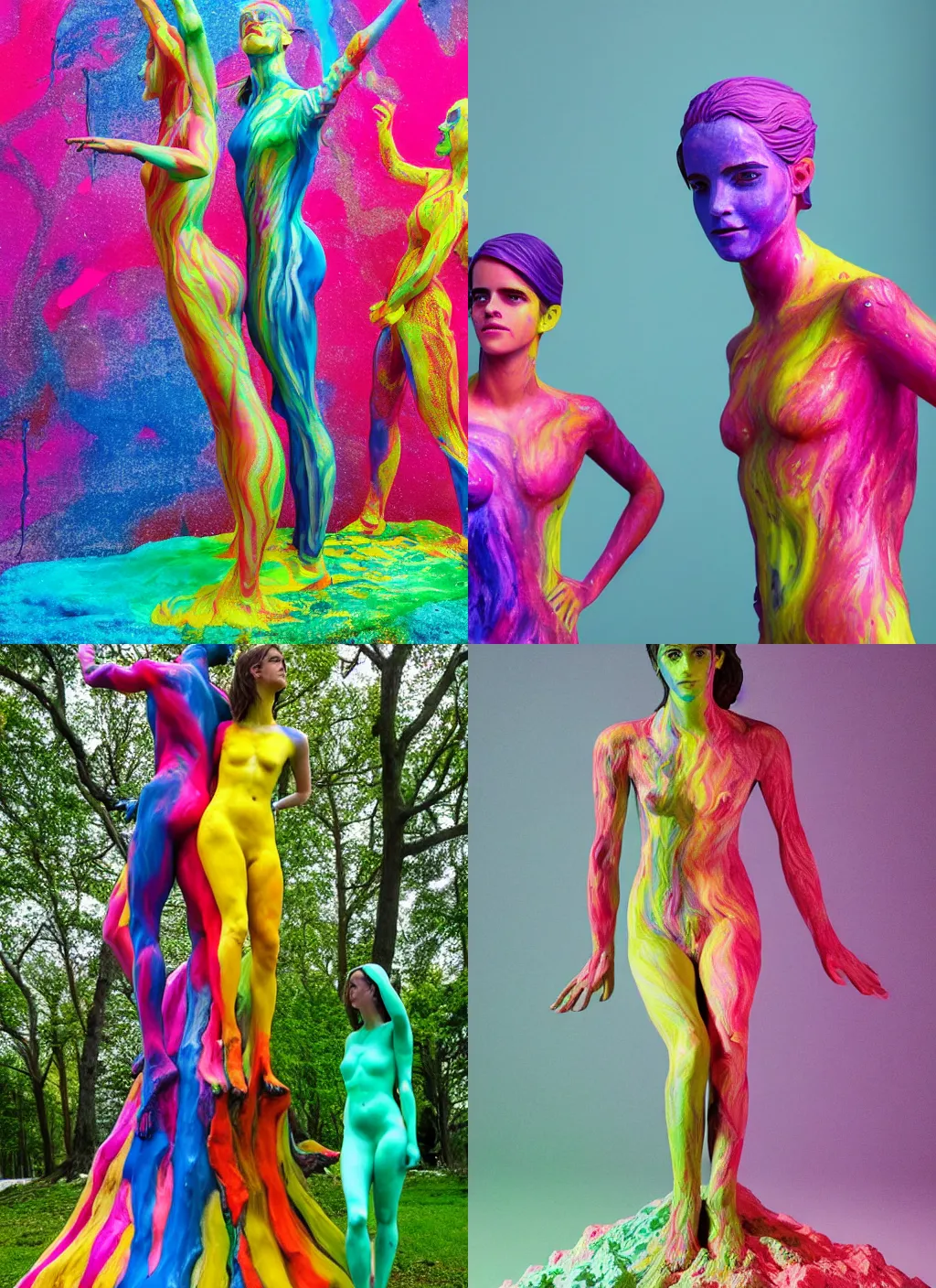 Prompt: 3D print tree sculpture of Emma Watson by Jean-Baptiste Carpeaux and Luo Li Rong and Michael James Talbot, standing posture hands behind back, colorful, bright psychedelic colors, bodypaint, acrylic paint splashes, full length shot, elegant, realistic, 8K, female full-skin figure, hyperrealism, subsurface scattering, raytracing, soft light, Octane Render, Redshift, Zbrush