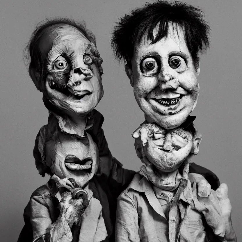 Prompt: bill hicks as a creepy ventriloquist dummy amoking in the style of roger ballen, 4 k, portrait