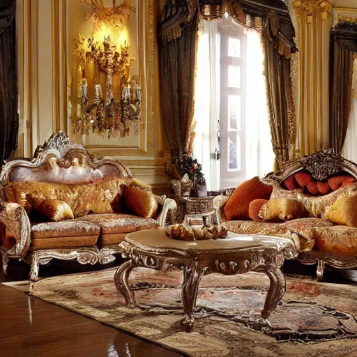 Prompt: Baroque style living room with a sofa made of swiss cheese