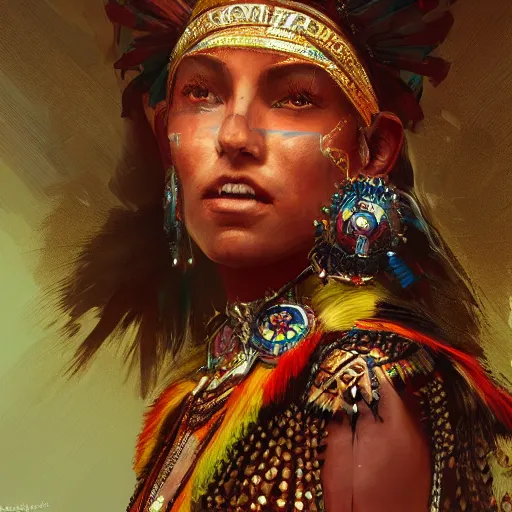 Image similar to Aztec queen, gorgeous, close-up portrait, intricate, elegant, volumetric lighting, scenery, digital painting, highly detailed, artstation, sharp focus, illustration, concept art, ruan jia, steve mccurry