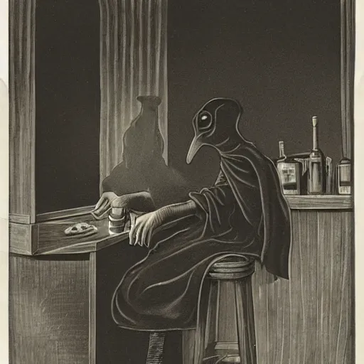 Image similar to plague doctor sitting at a bar with his drink empty, award winning photograph