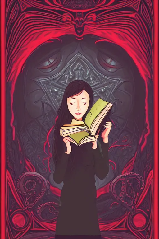 Image similar to ai illustration of romantic girl, her cat and her book of necronomicon, symmetrical, cinematic, sharp focus, 4 k, ultra hd, sense of awe, sinister demonic atmosphere, dreadful, forbidden knowledge, old gods, cthulhu, yog - sothoth! yah, yah, yah! cultist journal cover