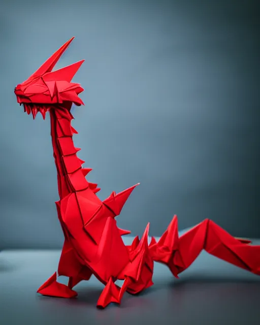 Prompt: high quality presentation photo of fire breathing dragon made from origami, photography 4k, f1.8 anamorphic, bokeh, 4k, Canon, Nikon