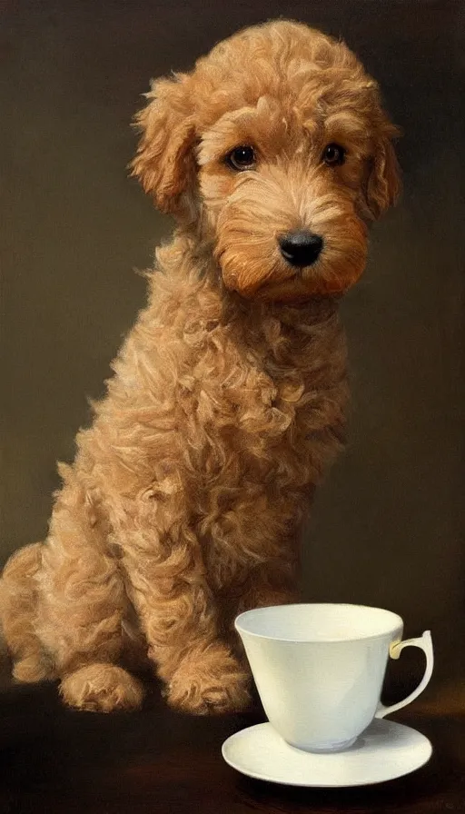 Image similar to painting of tiny goldendoodle dog in a teacup, by Peder Krøyer, dramatic lighting, golden hour, adorable, intricate detail, canvas print