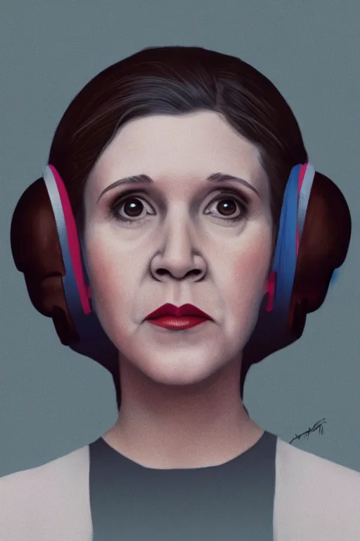 Image similar to a portrait of young happy carrie fisher in the style of amy sherald, dramatic studio lighting, 3 5 mm f 1. 4 lens depth of field, soft focus, octane render 8 k, hyperdetailed, trending on artstation, award winning