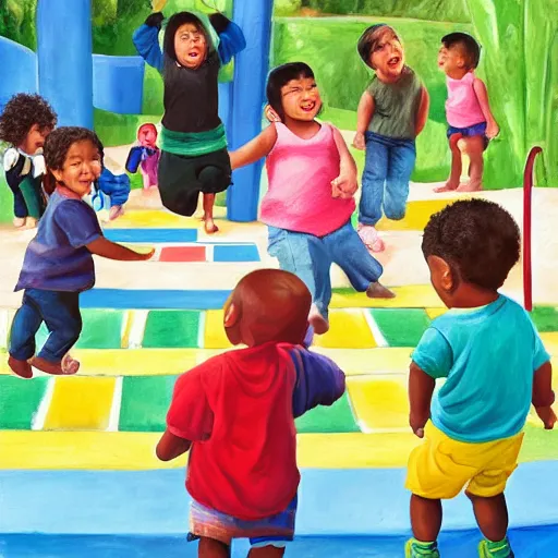 Image similar to an ethnically diverse group of toddlers. white. asian. hispanic. african. playing on a playground. oil on canvas exquisite. smooth. sharp focus. award winning. 8 k