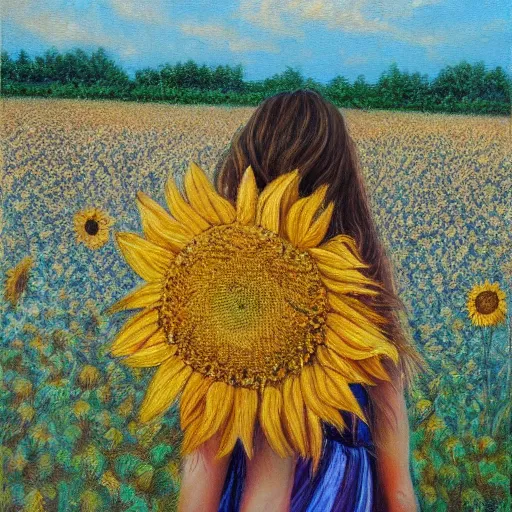 Prompt: a girl slowly walking through amazing tall sunflower field, her hair flowing down, subtle, intricate details, real masterpiece, oil on canvas, by somsak anong