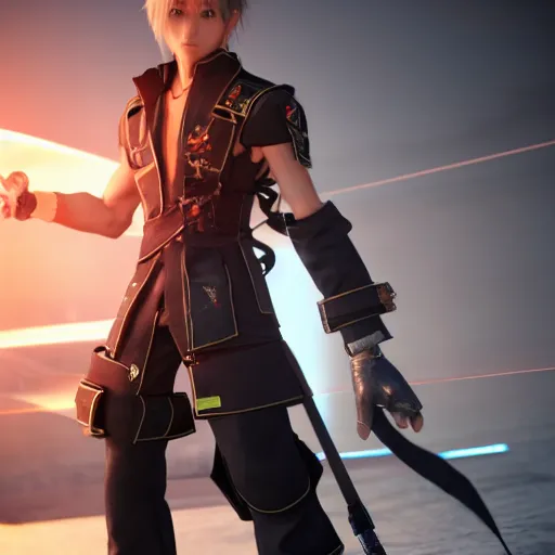 Image similar to kazuma from s - cry - ed as a final fantasy main character, redshift render, octane render, unreal engine