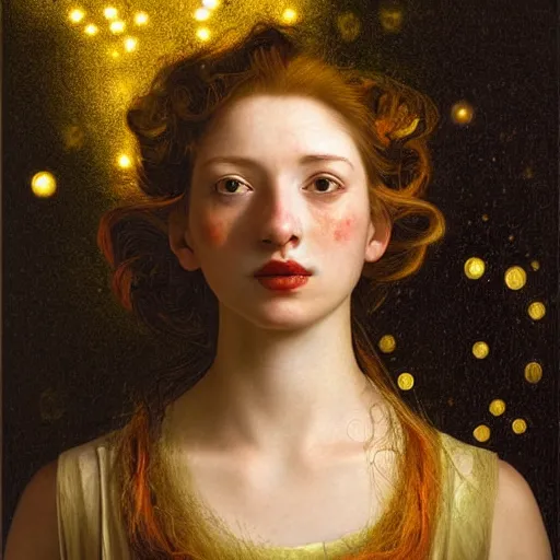 Image similar to portrait of happy a young woman, among the lights of golden fireflies and nature, long loose red hair, intricate details, bright green eyes, freckles on the nose, round gentle face, intricate dress, deep focus, smooth, sharp, golden ratio, hyper realistic digital art by artemisia lomi gentileschi and caravaggio, full body dreamy art