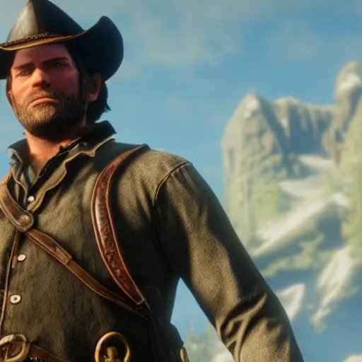 Image similar to A still of Arthur Morgan from Red Dead Redemption 2 in The Legend of Zelda: Breath of the Wild