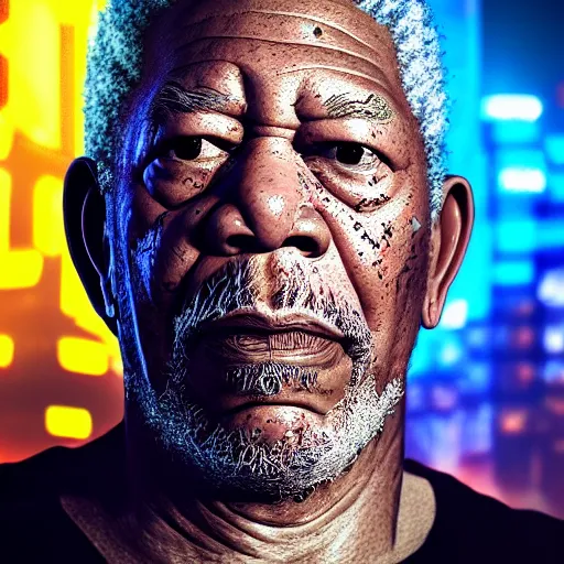 Prompt: morgan freeman portrait, cyberpunk 2 0 7 7, cyberpsycho, photorealistic, ultra detailed, neon, octane, bokeh, cyber, cyberpunk city, feature, scars, cyberface, 8 k