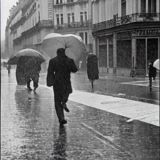 Image similar to the man leaping with an umbrella in a raining paris street, by henri cartier bresson,