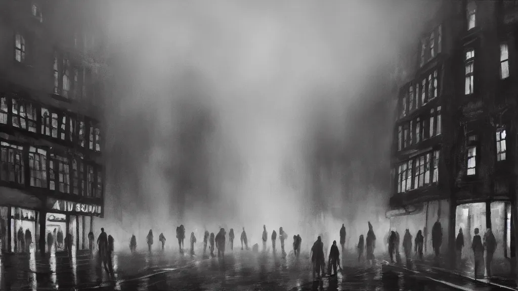 Prompt: a large black sphere with glowing edges over a crowd of people on street of the old town with houses in the windows of which the light is on. early morning, fog on ground, wet street. mike barr painting. volumetric light, dull colors, dark, noir arthouse, 3 5 mm, hight detalied, hd, 4 k