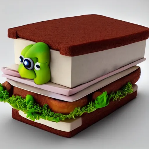 Image similar to a anthropomorphic cartoon sandwich eating itself, 3D render, realistic, 4K