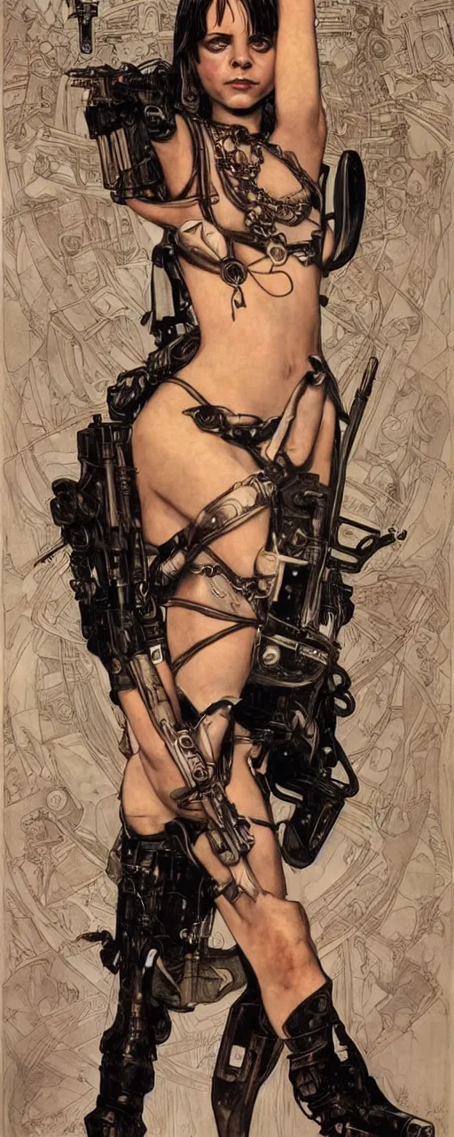 Image similar to striking sensual industrial art nouveau style portrait of christina ricci as a cyberpunk heavy metal rebel soldier by travis charest, simon bisley and alphonse mucha, photorealism, extremely hyperdetailed, perfect symmetrical facial features, perfect anatomy, ornate declotage, weapon, latex, excited expression, wild eyes