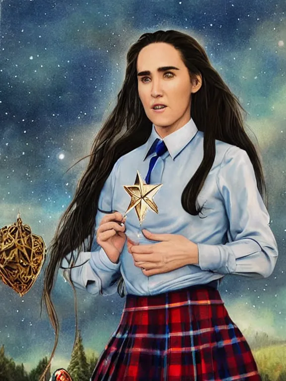 Image similar to full body ultra realistic air spray Jennifer Connelly is a teenage witch in Howards in a girls school uniform with a short tartan skirt, magic overlays glow around her , magic david's star pendant on her cleavage, mysterious tattoo in her shoulder, mystique, D&D, fantasy illustration, highly detailed, digital art, intricate, high detailed, painted by artgerm, guweiz, artstation, digital painting, character design, trending on artstation, smooth, sharp focus