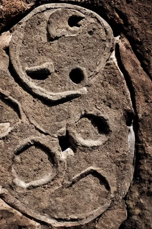 Image similar to 4 k photography of petroglyphs representing crosses, ufo, yin yang symbol on a cave