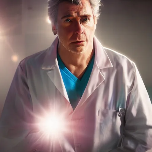 Image similar to portrait of rick sanchez, lab coat and tee shirt, lens flare, atmosphere, glow, detailed, intricate, full of colour, cinematic lighting, 4 k, hyperrealistic, focused, extreme details, cinematic, masterpiece