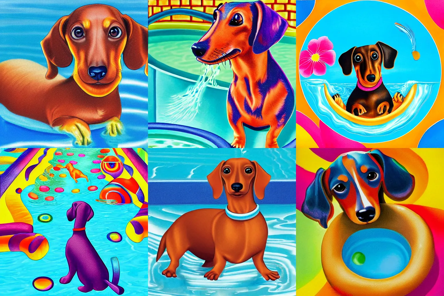 Prompt: dachshund looking into a pool of water by Lisa Frank