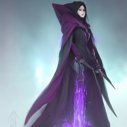 Image similar to full body, female warlock long hood cloak purple and a beautiful face, fighting monster with magic, 8 k, trending on artstation by tooth wu and greg rutkowski