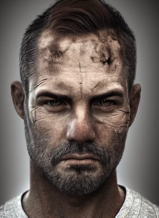Image similar to a portrait picture of a stern looking middle - aged man, crew cut, brown hair, rugged looks, serious face, stubble, scar on the cheek, highly detailed, digital art, realistic, 4 k, studio lighting, trending on artstation