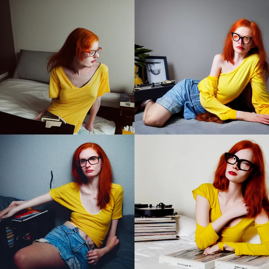 Prompt: photograph of a beautiful seductive slim redhead woman with glasses lying on a big bed wearing a yellow shirt one shoulder bare listening to records with a demon