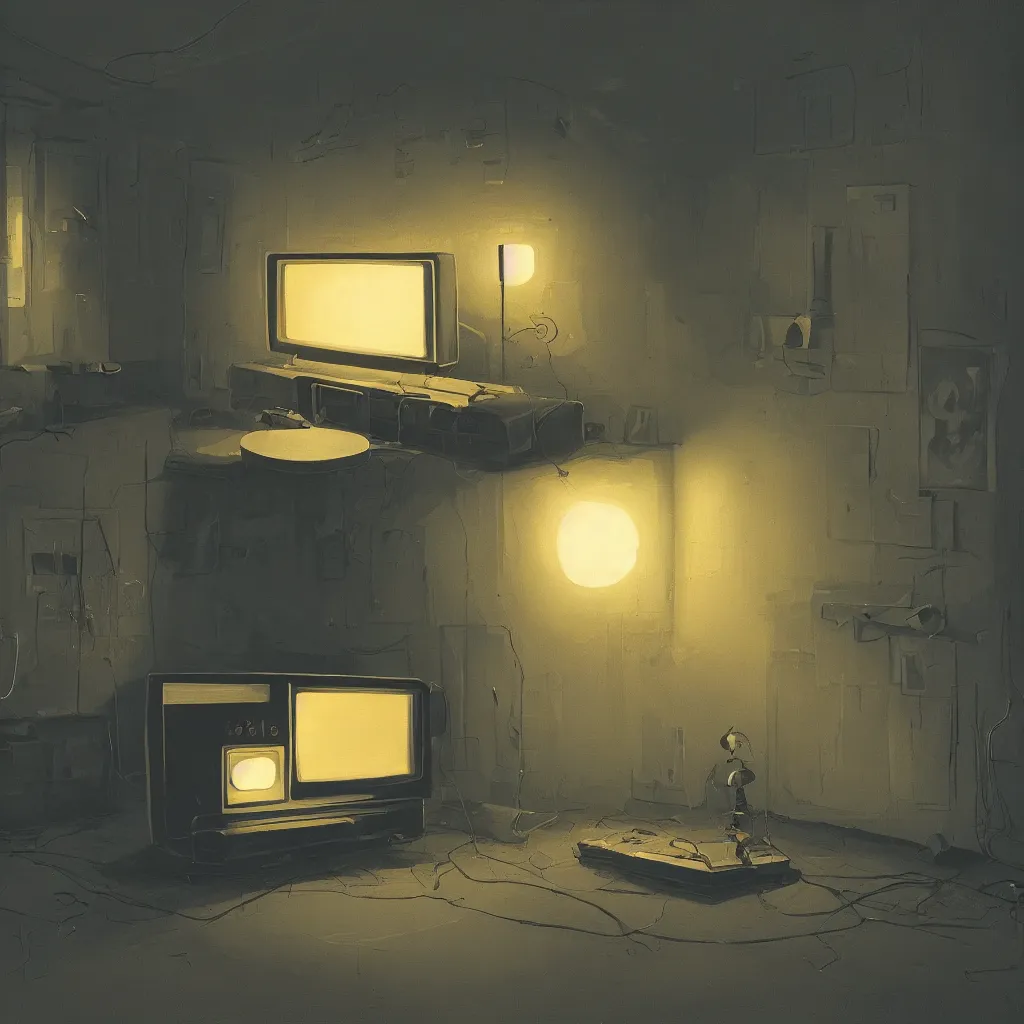Image similar to a dark black room by night, one glowing vintage tv is standing on the floor, the door is nearly closed and thus shines light in a painting from stalenhag, 4 k, 8 k, hdr, artstation, concept art