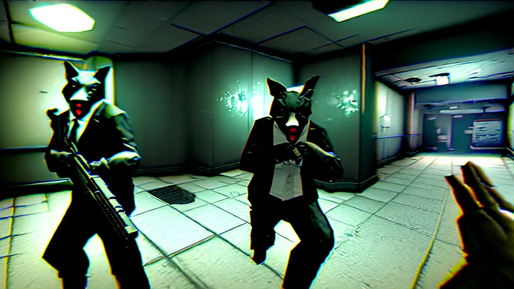 Image similar to screenshot from the pc game payday 2 demonstrating the fursuit unlock - hoxton? more like foxton.