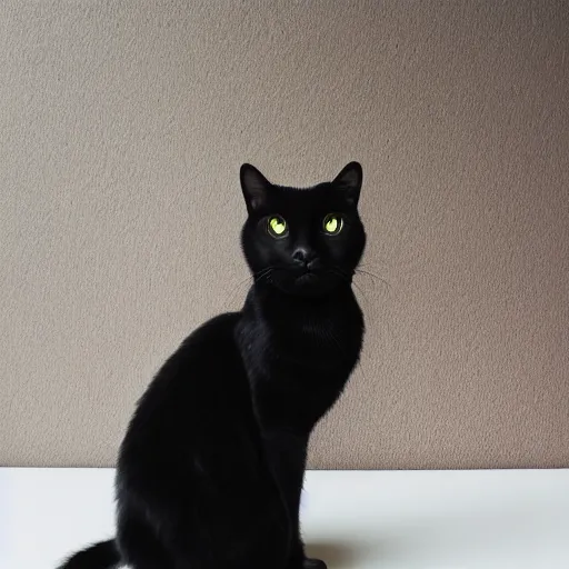 Image similar to studio photograph of a black cat sitting on a white table