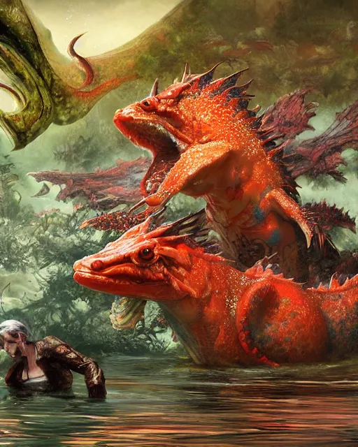 Image similar to game character beautiful giant kaiju sized pond dragon half fish half salamander, wet amphibious skin, red salamander, axolotl creature, koi pond, korean village by Ruan Jia and Gil Elvgren, fullbody