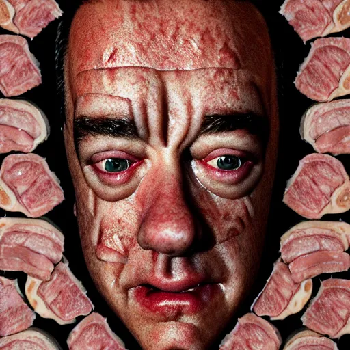 Image similar to a face made of ham slices made of tom hanks, 8 k, trending on artstation, 8 0 mm photography, hyperrealistic