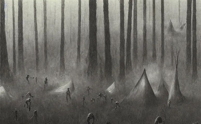 Prompt: demons surround a campsite in the forest by Beksinski, 4k, masterpiece