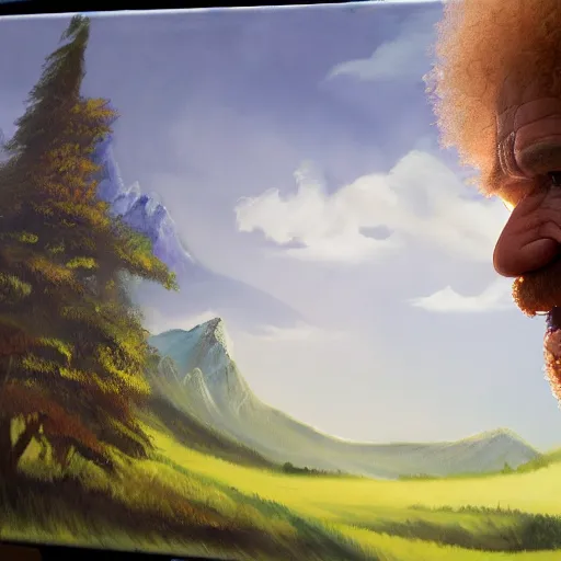 Image similar to a closeup photorealistic photograph of bob ross working on a canvas painting of the incredible hulk. film still. brightly lit scene. mountains and trees. this 4 k hd image is trending on artstation, featured on behance, well - rendered, extra crisp, features intricate detail, epic composition and the style of unreal engine.