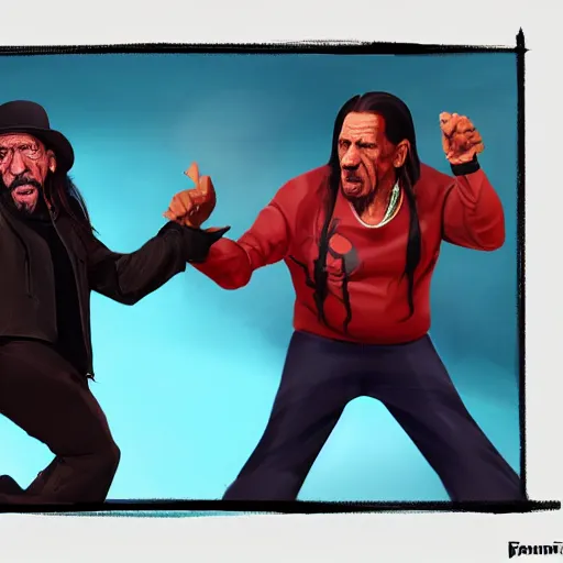 Prompt: danny trejo and elon mush having a fight in an infinite cube, 4 k, trending on artstation, concept art