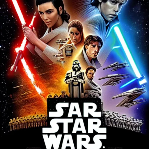 Image similar to super detailed star wars movie poster with Jesus Christ and kim kardashian, 8k full HD photo, cinematic lighting, anatomically correct, oscar award winning, action filled, correct eye placement,