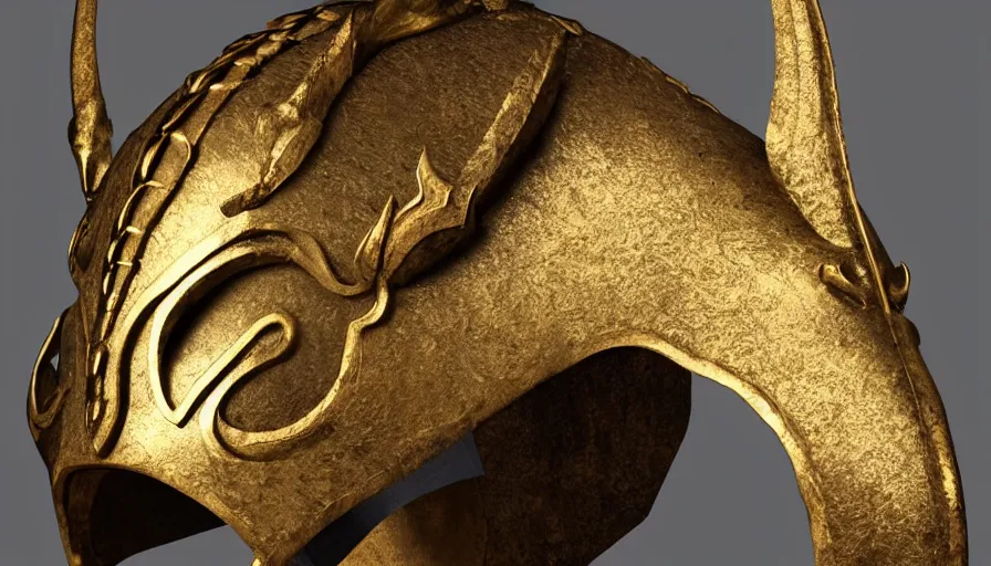 Image similar to viking dragon helmet in a museum, made from gold, photorealistic render