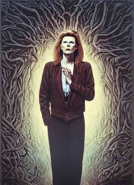 Image similar to twin peaks poster art, portrait of david bowie stands before the labyrinth, his fate for the next two years, by michael whelan, rossetti bouguereau, artgerm, retro, nostalgic, old fashioned