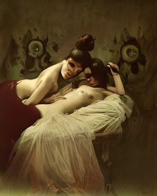 Prompt: a beautiful and eerie baroque painting of a brother and sister who are beautiful but creepy, in dead space, with haunted eyes and dark hair, 1 9 7 0 s, seventies, floral wallpaper, a little blood, morning light showing injuries, delicate embellishments, painterly, offset printing technique, by brom, robert henri, walter popp