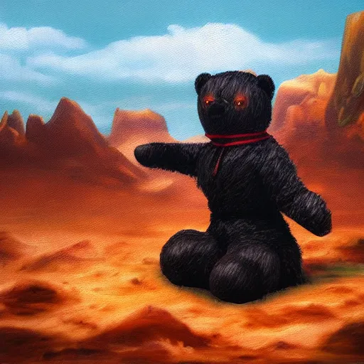 Image similar to cyberpunk surrealist oil painting of a teddy bear practicing ninjutsu atop a mountain