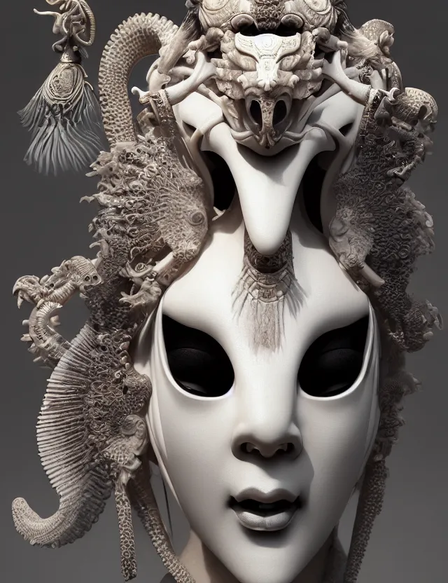 Image similar to 3 d goddess close - up 3 / 4 portrait with ram skull. beautiful intricately detailed japanese crow kitsune mask and clasical japanese kimono. betta fish, jellyfish phoenix, bio luminescent, plasma, ice, water, wind, creature, artwork by tooth wu and wlop and beeple and greg rutkowski