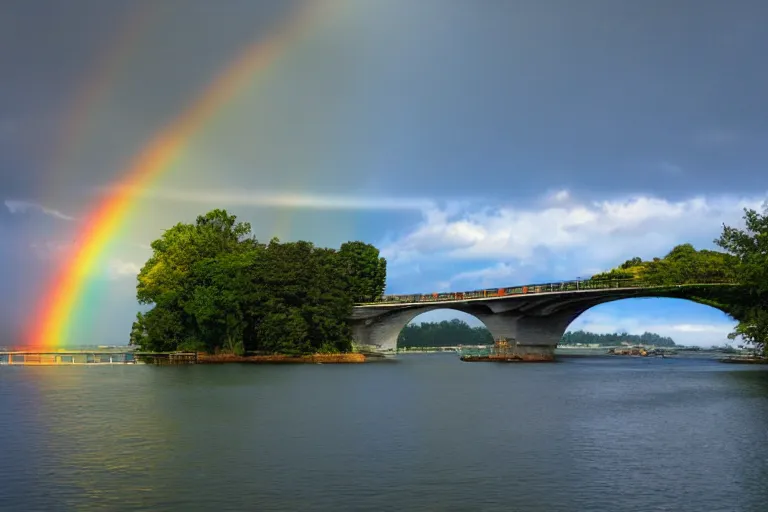 Image similar to Rainbow bridge leads through the horizon, landscape, trending on artstation