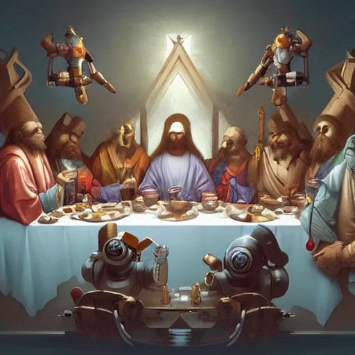 Image similar to the last supper of robots as apostles in leonardo da vinchi style. digital art, artstation, concept art, smooth, sharp focus, illustration, art by peter mohrbacher