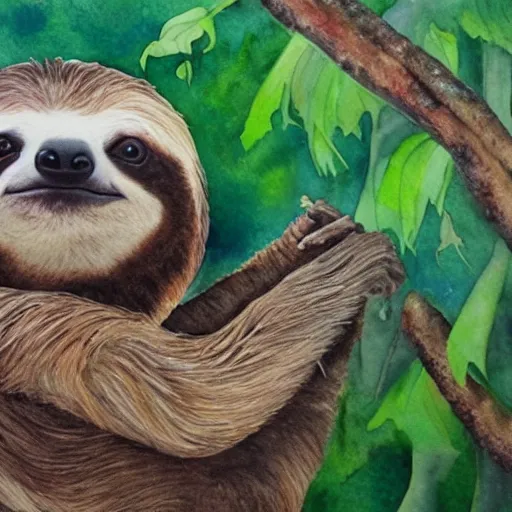 Image similar to A realistic watercolour painting of a sloth with a baby sloth in a tree, fine detail, washed out background
