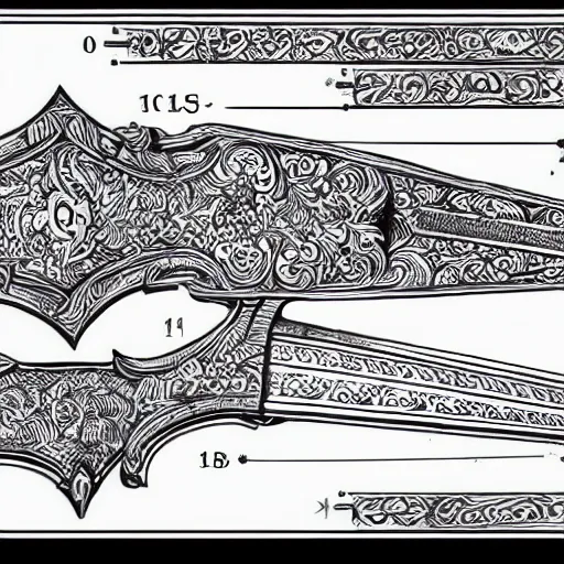 Image similar to black and white pen and ink sword design highly detailed technical drawing