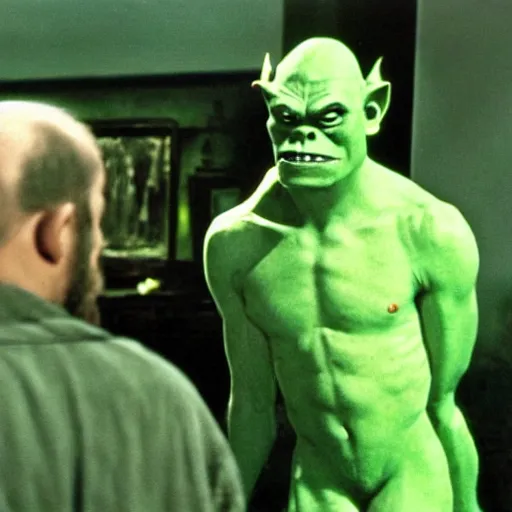 Image similar to green orc in the background kubrick staring at two men having a conversation in the foreground