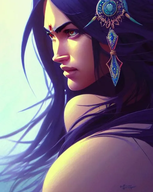 Image similar to indian warrior, megan fox, detailed perfect face, exquisite details, nose ring piercing!!!!, wind magic, mid view, design on a white background, by studio muti, greg rutkowski makoto shinkai takashi takeuchi studio ghibli