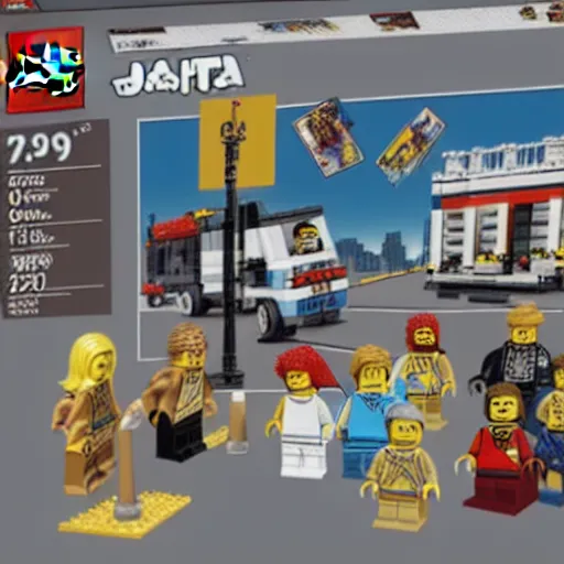 Image similar to Box art for a LEGO set of a gang confrontation in the streets